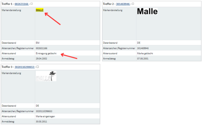 Extract from the trademark register showing the canceled trademark "Malle"