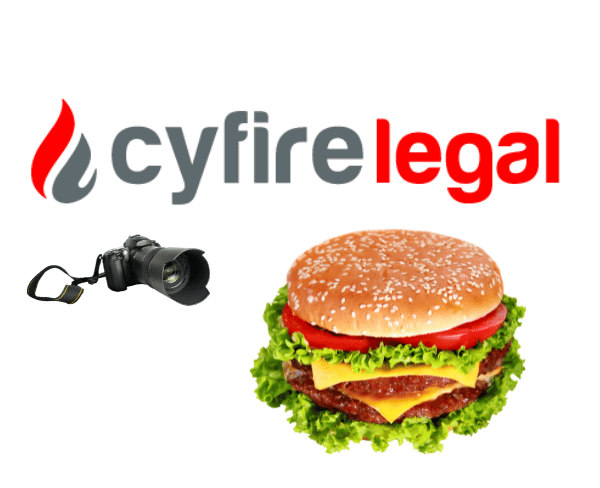 Das Logo von CYFIRE legal, eine Kamera und ein Hamburger